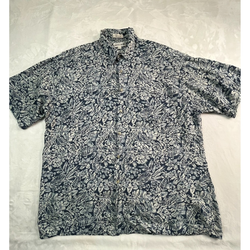 Pierre Cardin Mens XL Shirt‎ Rayon Button Front Dark Blue Indigo Tropical Leaves